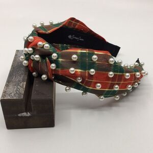 Brianna Cannon Gold Metallic Red Green Plaid and Pearl Knotted Headband